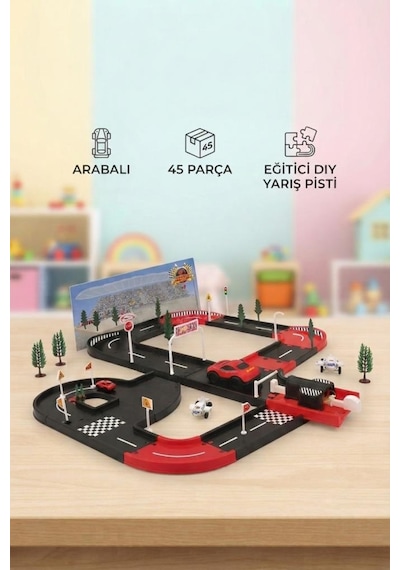 45 Parça 2 Taşıtlı Çek-bırak Fırlatıcılı Eğlenceli Yol Seti Dıy Oyuncak Turbo Yarış Pisti 1