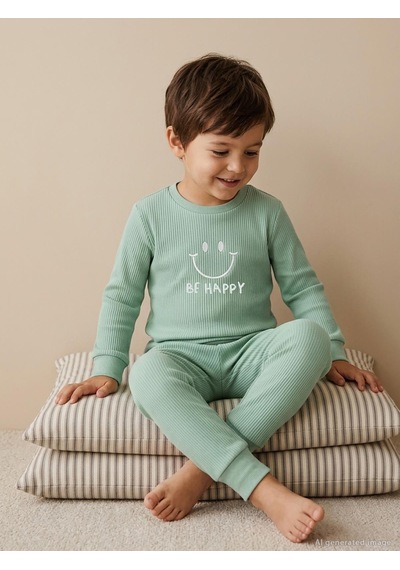 Minidamla Gülen Yüz Baskılı 1-6 Yaş Pijama Takımı - Yeşil Mint