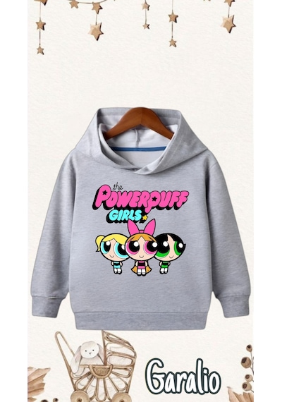 Startmore Powerpuff Girl Baskılı Kapüşonlu Çocuk Sweatshirt Gri