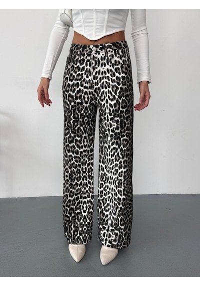 Kadın Kahve-beyaz Leopar Desenli Wide-leg Yüksek Bel Kot Pantolon Denim Kumaş Kahverengi Kadın Kahve-beyaz Leopar Desenli Wide-leg Yüksek Bel Kot Pantolon Denim Kumaş Kahverengi