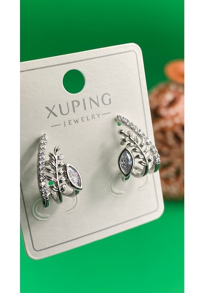 Xuping Gümüş Renk Yaprak Desenli Zirkon Taşlı 3 Lü Model Küpe Gümüş