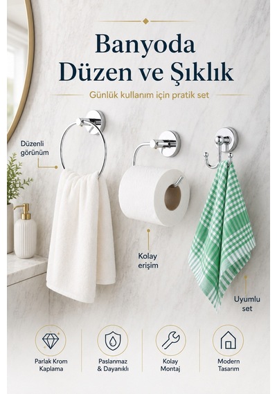 Alper Banyo Krom 3'Lü Banyo Seti, Yuvarlak Havluluk, Kağıtlık Ve Bornoz Askısı