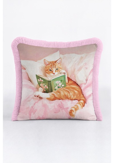 Kedi Romantik Masalsı Saçaklı Yastık Kılıfı-sevimli Pet Bohem Turuncu Pembe Püsküllü Kırlent Kılıfı Bordo