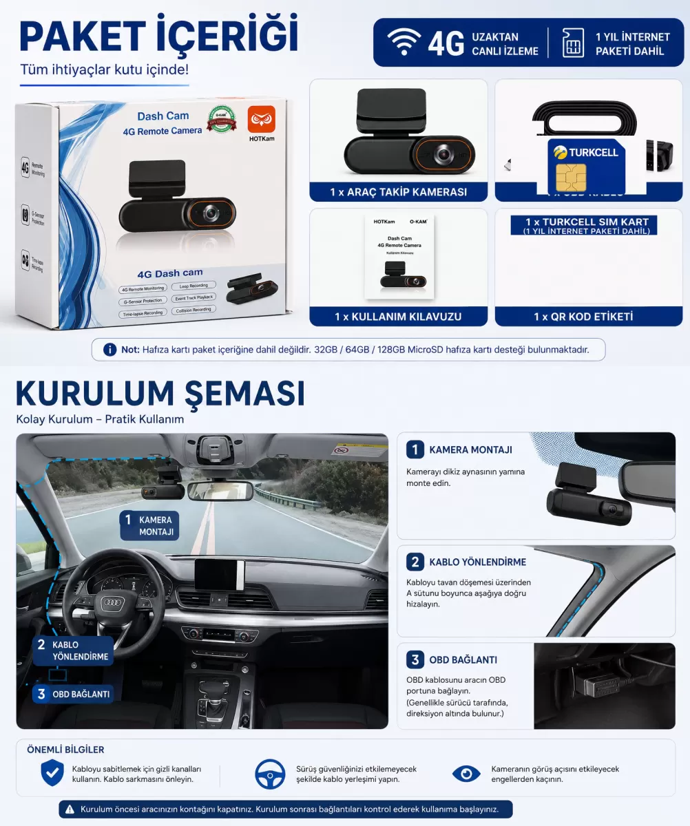 O-kam Araç Içi Kamera Uzaktan Araç Kamerasını İzleme 1080p Kamera Gps +1 Yıl Turkell İnternet