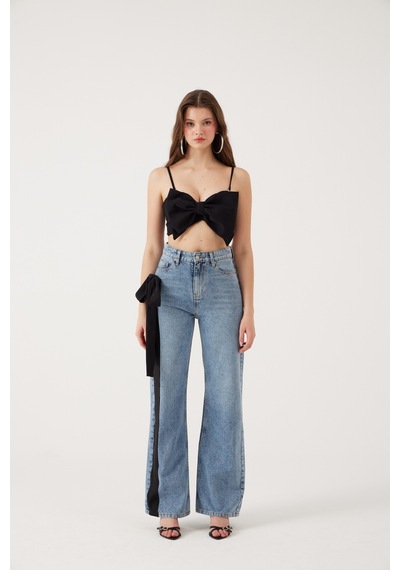 Holly Lolly Yüksek Bel Kurdele Detaylı Wide Leg Kyla Jean Pantolon Siyah
