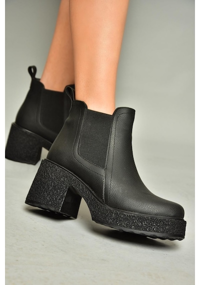 Fox Shoes T996220009 Siyah Kalın Topuklu Kadın Bot Siyah-Suni Deri