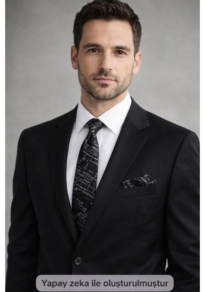Gaffy Beyaz Kırcıl Desenli Siyah Dokuma Kumaş Mendilli Slim Fit Kravat // Sdk-2611-1 Siyah