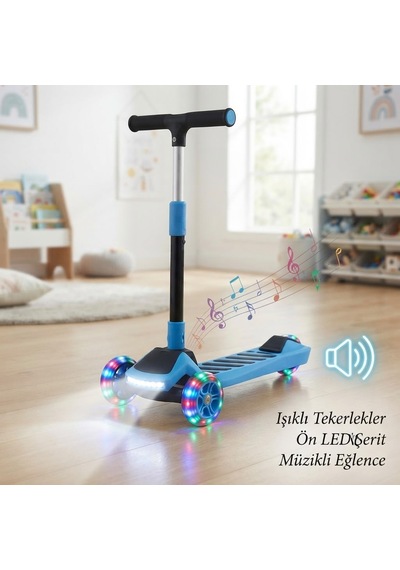 3 Tekerlekli Çocuk Scooter 4 Kademeli Ayarlanabilir Işıklı Ve Müzikli Katlanabilir Çocuk Scooter Mavi