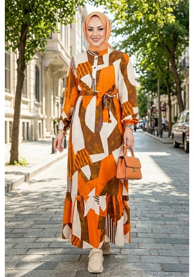 Hb Harma Time Butik Kadın Kuşaklı Viskon Kumaş Tesettür Turuncu Elbise Turuncu Turuncu