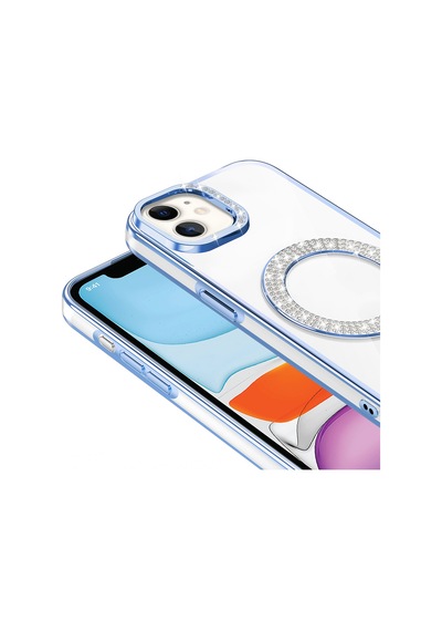 Apple Uyumlu iPhone 11 Kılıf Pırlanta Taş Tasarımlı M-safe Şarj Özellikli Karetta Silikon Kılıf Mavi