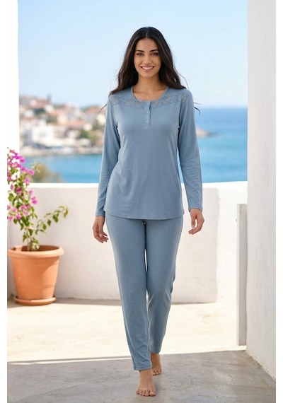 Mataş Kadın Dantelli Bambu Viskon Uzun Kollu Mevsimlik Soft Örme Yumuşak Pijama Takımı Turkuaz