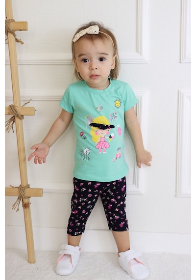 Harika Kids Kız Bebek Kaprili Kısa Kollu Kız Desen Baskılı Yazlık Basic Alt-üst Takım 6-24 Ay 001