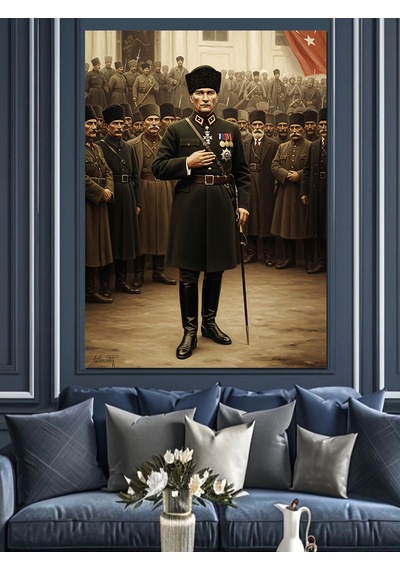 Ahşap Tablo Retro Askeri Kıyafetli Atatürk