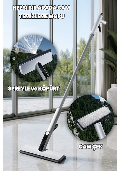 Spreyli Cam Mopu - Hepsi Bir Arada Cam Temizleyici - Köpürten, Spreyli Ve Cam Çekli - İki Tetikli - İster Elde İster Sapı İle Beyaz