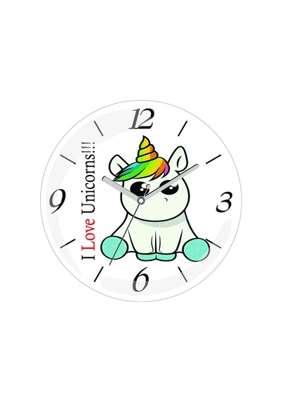 I Love Unicorn Çap 30cm Sessiz Akar Bombeli Gerçek Cam Duvar Saati Çok Renkli