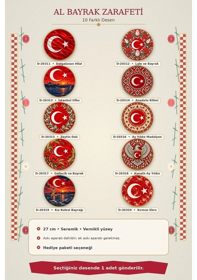 Dekoratif Duvar Tabağı Al Bayrak Zarafeti Dekorlu Seramik Tabak Mavi