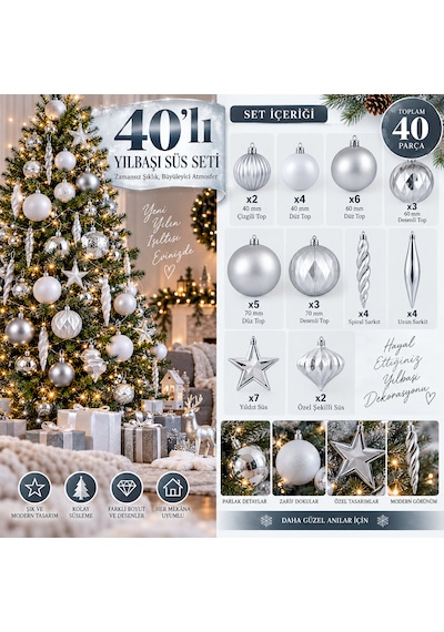 40 Parça Gümüş Yılbaşı Ağacı Süs Seti 40/60/70 Mm Toplar, Yıldız Ve Sarkıt Süsler 3 CM