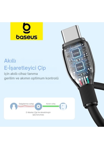 Baseus Mega Hızlı 1.2mt 100w Type-c To Type C Şarj Kablosu, Akım Ve Isı Korumalı Type C Kablo, Pc, Tablet, Telefon