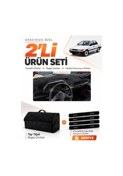 Mıtsubıshı Lancer 1987-1991 Uyumlu Torpido Örtüsü + Tay Tüyü Bagaj Çantası + Sticker Seti - Siyah
