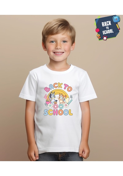 Aselinda Bluey Baskılı Back To School Unisex Çocuk Tişört-okula Dönüş Baskılı Çocuk Tişört Beyaz