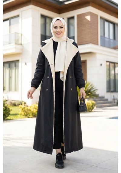 Hb Harma Time Butik Kadın İçi Kürklü, Düğmeli Ve Kuşaklı Siyah Mont Siyah Siyah