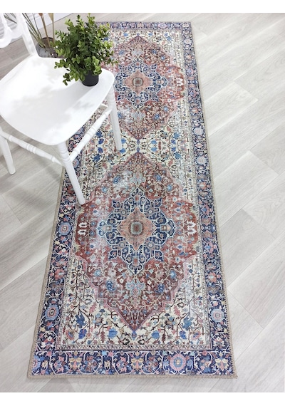 Lacivert Ve Kahverengi Madalyon Desenli Vintage Halı Kırmızı