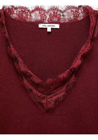 Koton Dantel Detaylı Regular Fit V Yaka Uzun Kollu Triko Kazak Bordo 7wal90144ıt