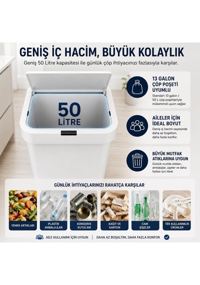 Tr 50 Litre Sensörlü Çöp Kovası, Otomatik Temassız Akıllı Çöp Kutusu, Dokunmatik Açma Özellikli, Sessiz Kapa