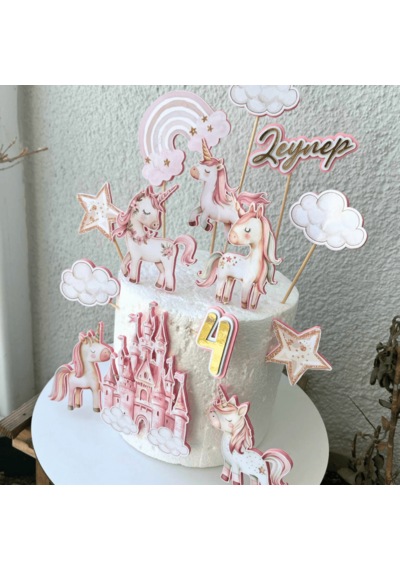 Unicorn Temalı Kız Çocuk Doğum Günü İsme Özel 3d Pasta Süsü Seti Cake Topper Çocuk