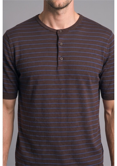 Defacto %100 Pamuk Standart Fit Henley Yaka Çizgili Kısa Kollu Triko Tişört I2753ax26hsbn534 Kahve-bn534