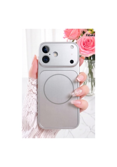 Fibaks iPhone 16 Uyumlu Kılıf 17 Pro Max Çevirici Magsafe Kamera Lens Korumalı Camlı Dönüştürücü Gümüş
