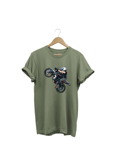 Motosiklet Racing Ön Kaldıran Motorcu Baskılı %100 Pamuk Regular Fit Bisiklet Yaka Haki T-shirt Haki
