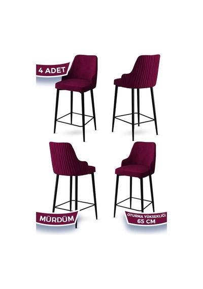 Canisa Tera Serisi 4 Mürdüm Sandalye 65 Cm Ada Mutfak Bar Sandalyesi Babyface Kumaş Siyah Metal Ayaklı Sandalyeler Mürdüm Ayaklar Siyah