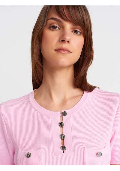 Dilvin 10733 Bisiklet Yaka Cepli Düğmeli Triko Bluz-pembe Pembe