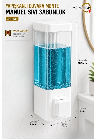 Mainshop 1 Adet Yapışkanlı Duvara Monte Banyo Ve Mutfak Manuel Sıvı Sabunluk 350 Ml Doldurulabilir M-53 Beyaz