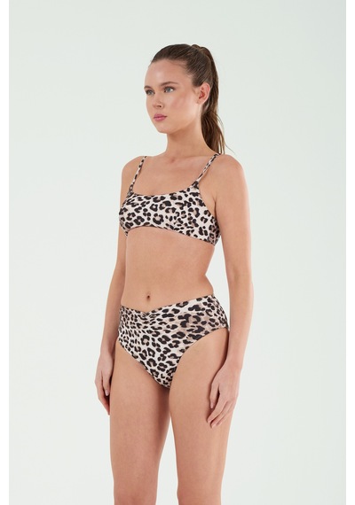 Louren Kadın Siyah Leopar Desenli İnce Kaplı Sabit Askılı Straplez Bikini Takımı Siyah