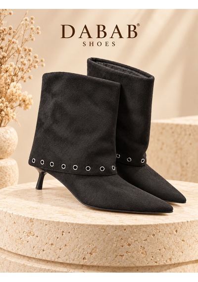 Dabab Shoes Lucıa Kadın Siyah Süet Görünümlü Metal Halka Detaylı Sivri Burun 5 Cm İnce Topuklu Kısa Bot Bootie