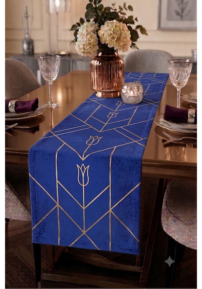 Premium Masa Runner Dijital Baskılı Geometrik Lale Desenli Dekoratif Salon Mutfak Yemek Masası Runner Örtüsü 45x140 Cm Mavi