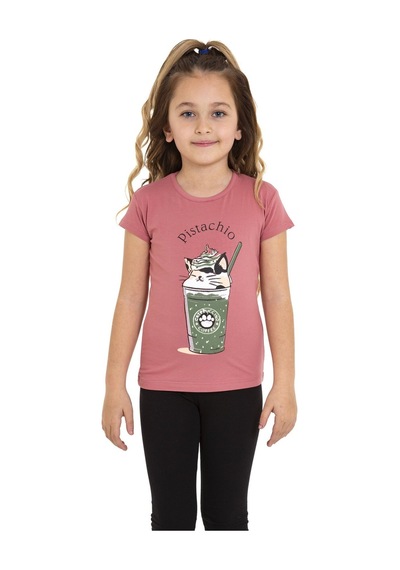 Fuşya Cappucino Baskılı Bisiklet Yaka 5-12 Yaş Tişört 2018-1 Fuşya