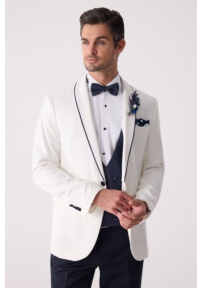 Ysf Erkek Krem Slim Fit Mono Yaka Yelekli Damatlık