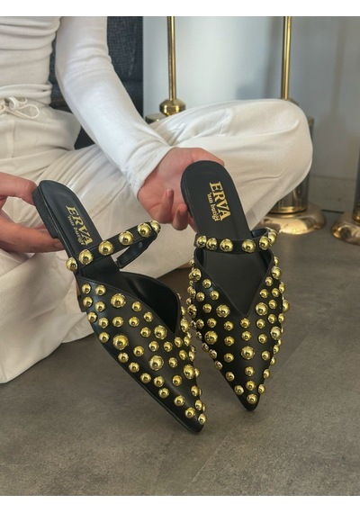 Erva'nın Butiği Siyah Cilt Maria Gold Droplu Kadın Terlik-5468