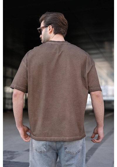Madmext Kahverengi %100 Pamuklu Bisiklet Yaka Oversize Erkek Tişört E7177 Kahverengi