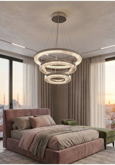 Lzy Avize Store Kristal 3 Lü Halka Avize Modern Salon, Yemek Masası, Mutfak, Antre Çocuk Odası Aydınlatma Krom