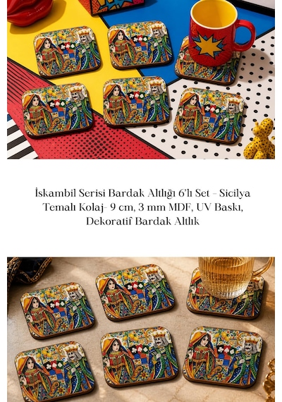 İskambil Serisi Bardak Altlığı 6 Lı Set Sicilya Temalı Kolaj 9 Cm Mdf Çok Renkli