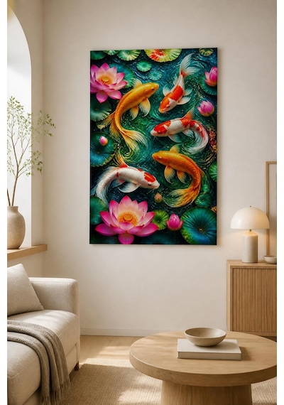 Koi Balığı Ve Lotus Baskılı Cam Tablo Renkli Uv Baskı Dekoratif Duvar Tablosu