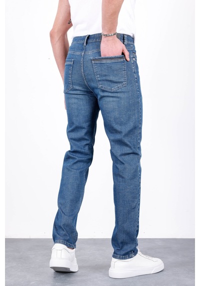 HLT Jeans Erkek Şerit Detaylı Puslu Mavi Regular Fit Boru Paça Esnek Likralı Jeans Kot Pantolon Hlthe001965 Beyaz - Mavi
