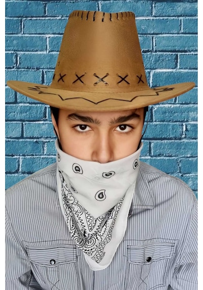 Uniquetrenders Çocuk Unisex Bandanalı Nubuk Kovboy Şapkası 8-14 Yaş Cappuccino 1