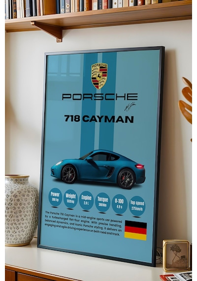 Porsche 718 Cayman Premium Spor Araba Çerçeveli Tablo - Teknik Özellikli Otomobil Sever Duvar Dekoru Siyah Porsche 718 Cayman Premium Spor Araba Çerçeveli Tablo - Teknik Özellikli Otomobil Sever Duvar Dekoru Siyah