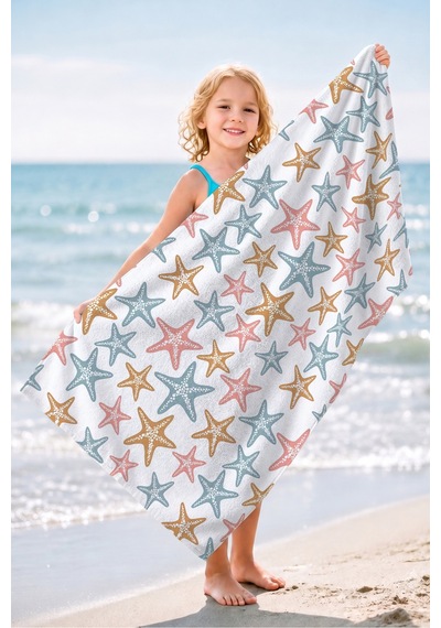 Deniz Yıldızı Marine Plaj Havlusu - Pastel Akdeniz Temalı Havuz Deniz Hızlı Kuruyan Mikrofiber Havlu Kül Kumul