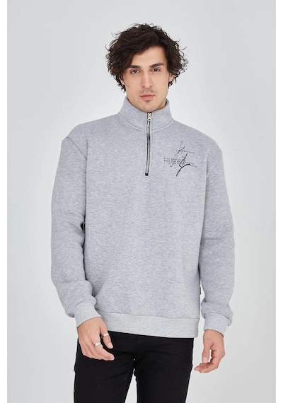 Barlashive Erkek Yarım Fermuarlı Baskılı 3 İplik Pamuklu Sweatshirt - Gri Çok Renkli